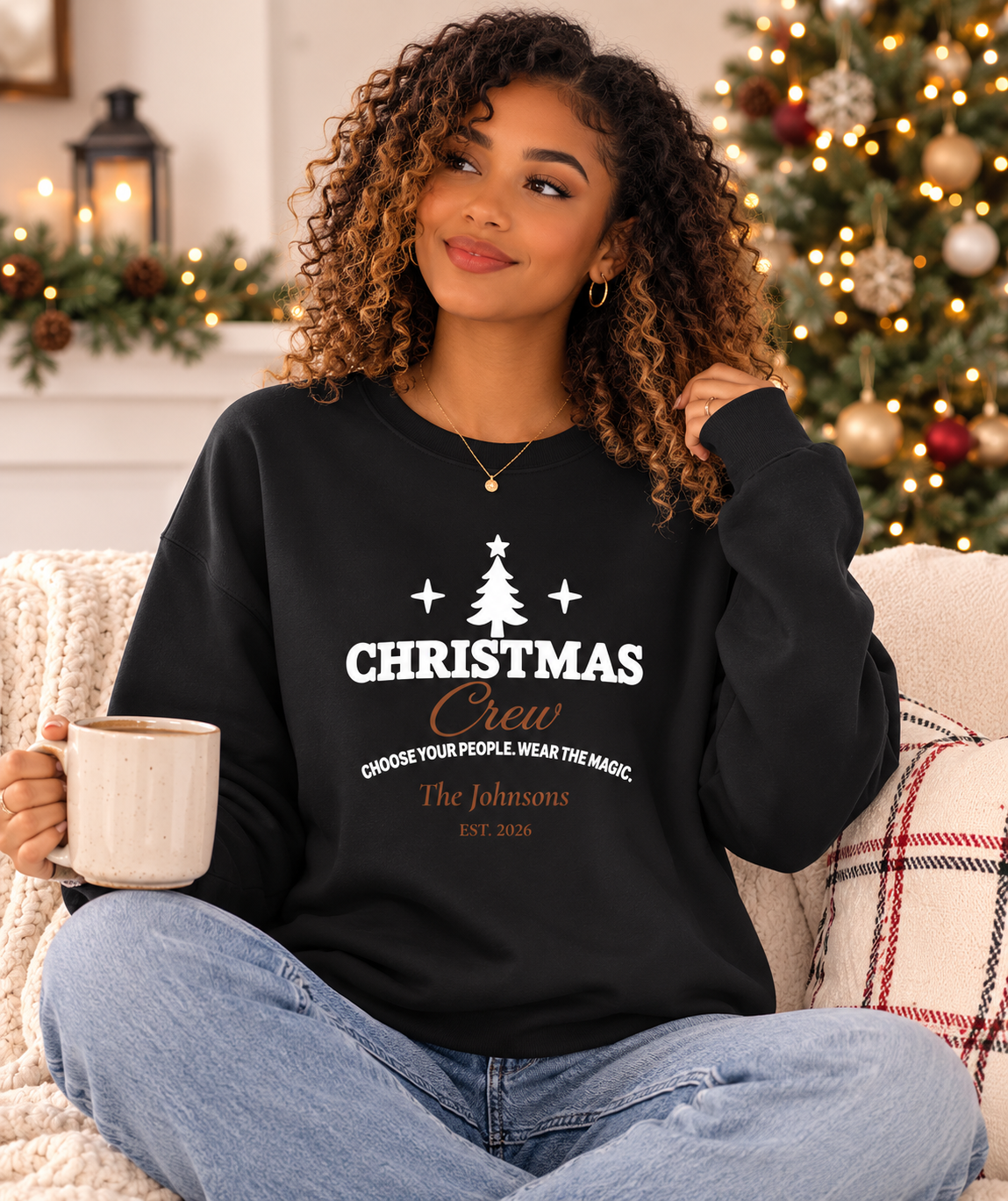 Adult Christmas Crew Sweatshirt with Personalized Family Name Design