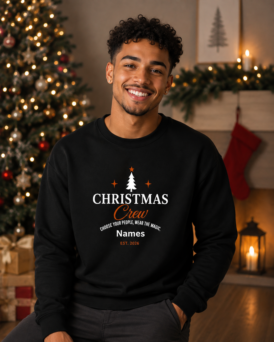 Adult Christmas Crew Sweatshirt with Personalized Family Name Design