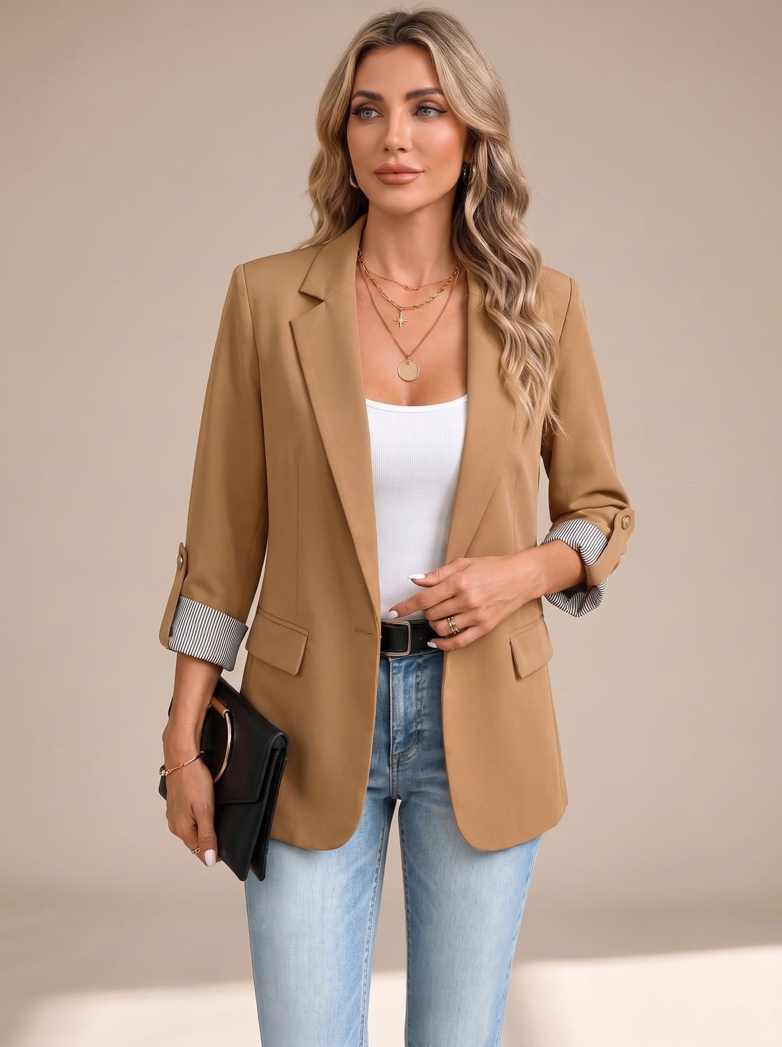 Aria | Women's Striped-Cuff Rollable Sleeve Soft-Tailored Blazer