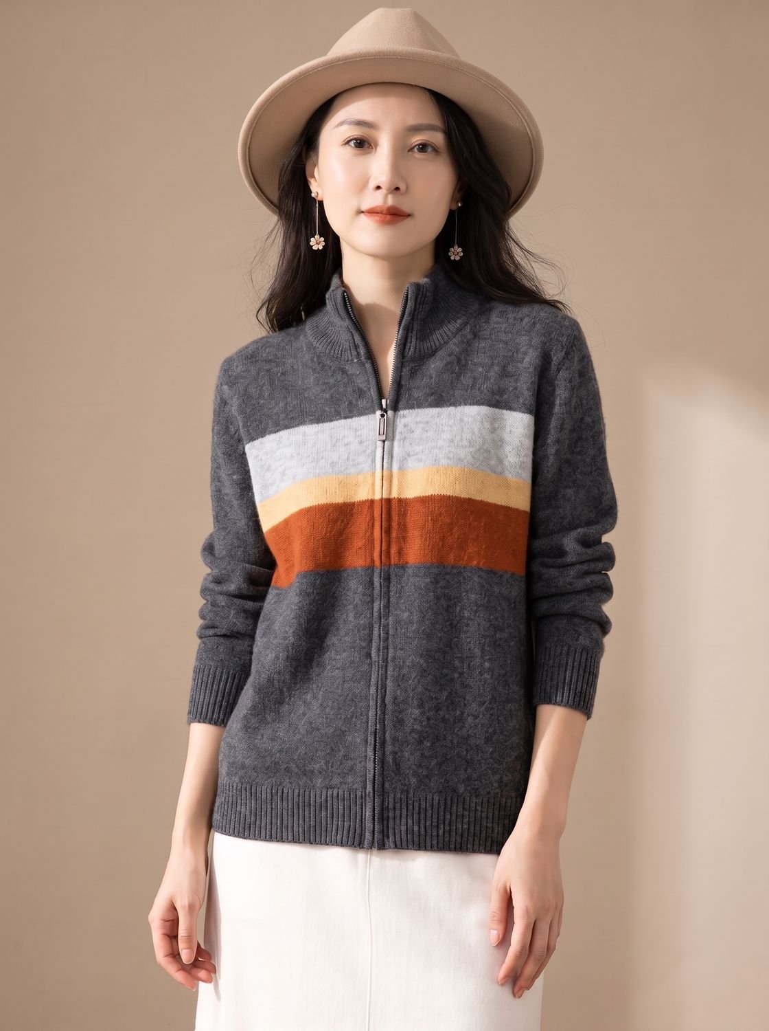 Aria | Women's Striped Full-Zip Knit Cardigan Sweater