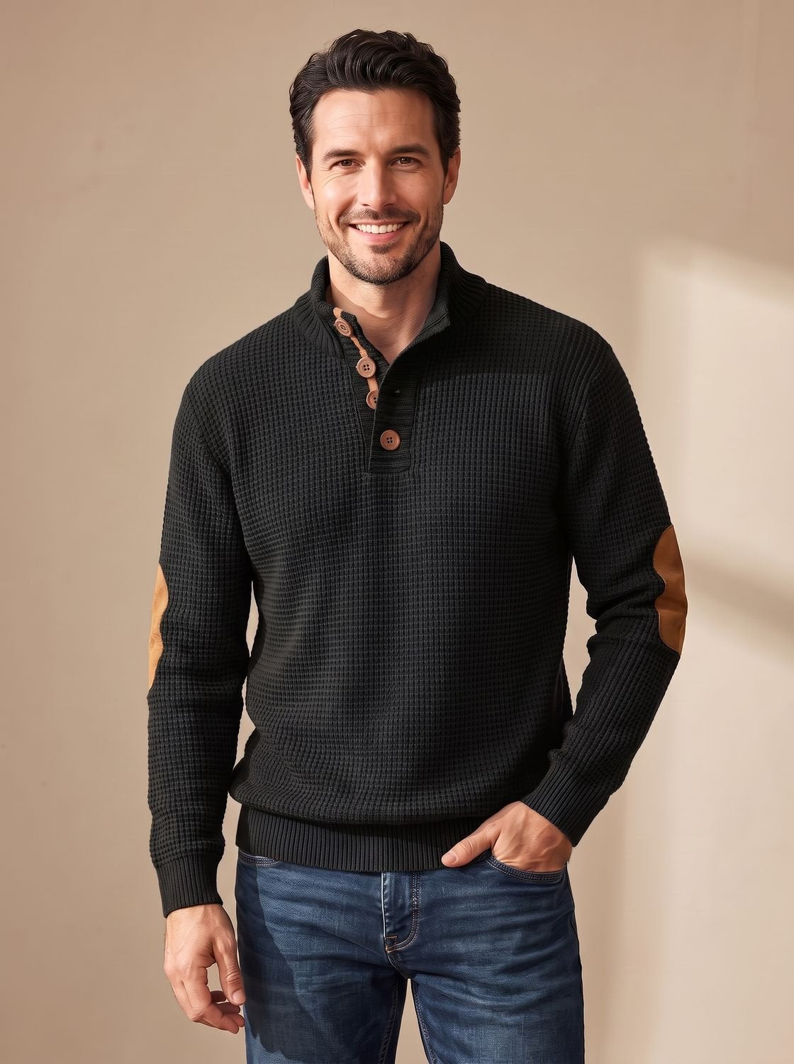Benjamin | Men's Waffle-Knit Button-Collar Long Sleeve Pullover Sweater