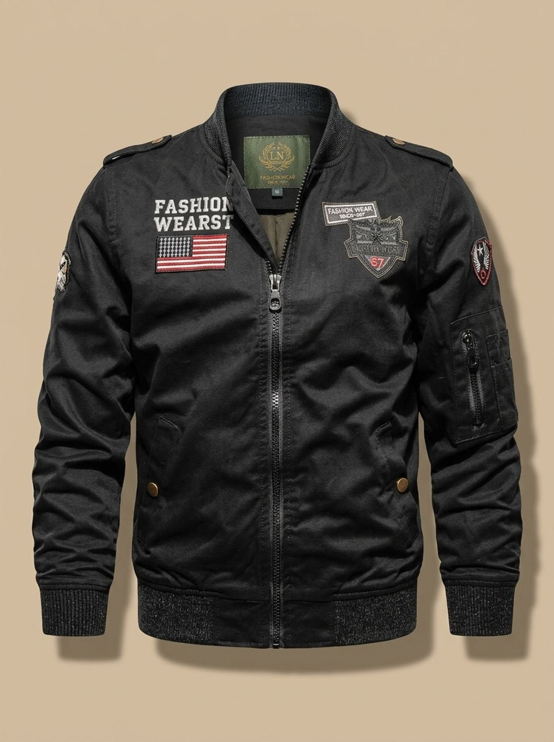 Caleb | Men's Military-Patch Zip-Up Bomber Jacket