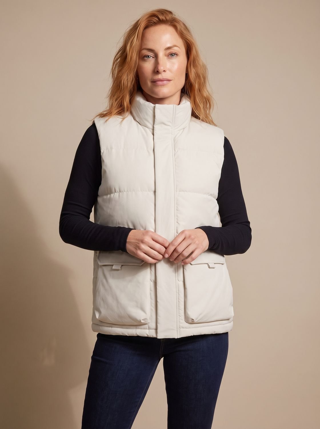 Camila | Women's Quilted Puffer Vest High-Neck Zip-Up Flap-Pocket Sleeveless Jacket