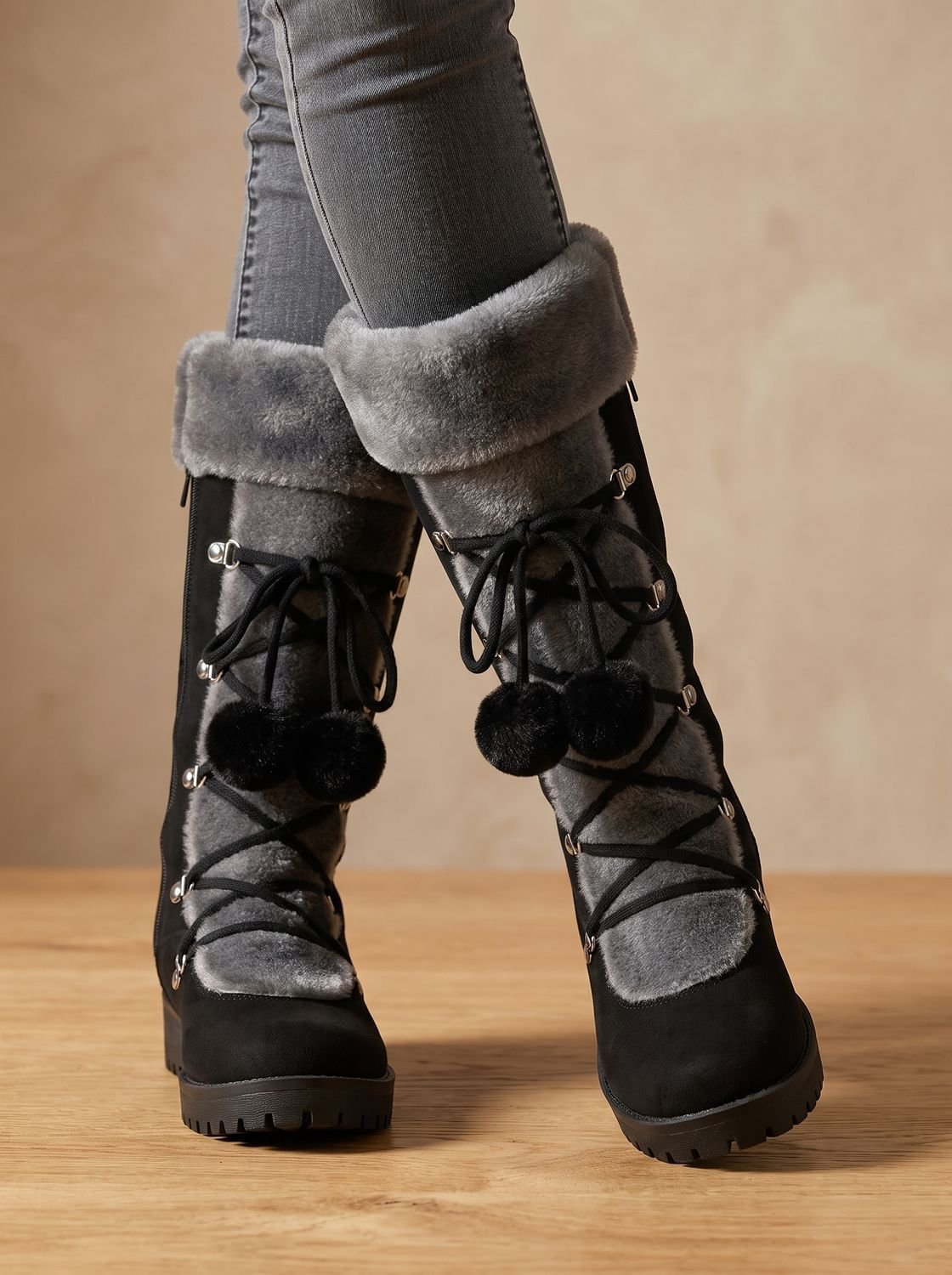 Charlotte | Women's Fur-Trimmed Lace-Up Mid-Calf Snow Boots, Black