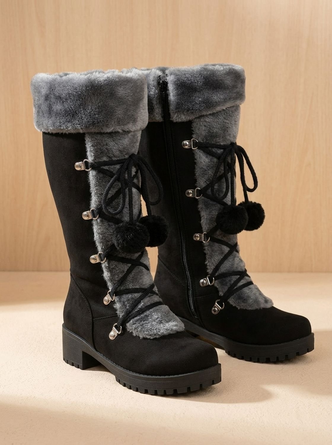 Charlotte | Women's Fur-Trimmed Lace-Up Mid-Calf Snow Boots, Black