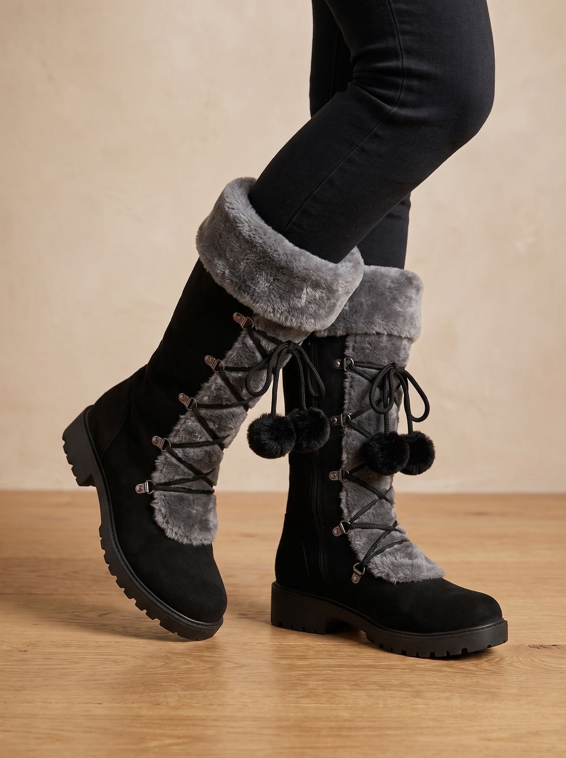 Charlotte | Women's Fur-Trimmed Lace-Up Mid-Calf Snow Boots, Black