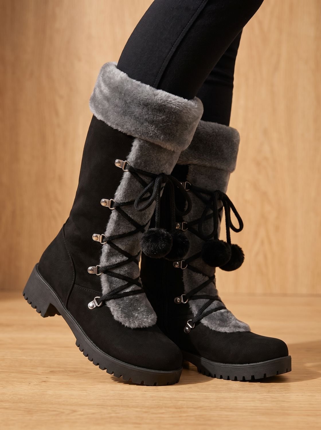 Charlotte | Women's Fur-Trimmed Lace-Up Mid-Calf Snow Boots, Black