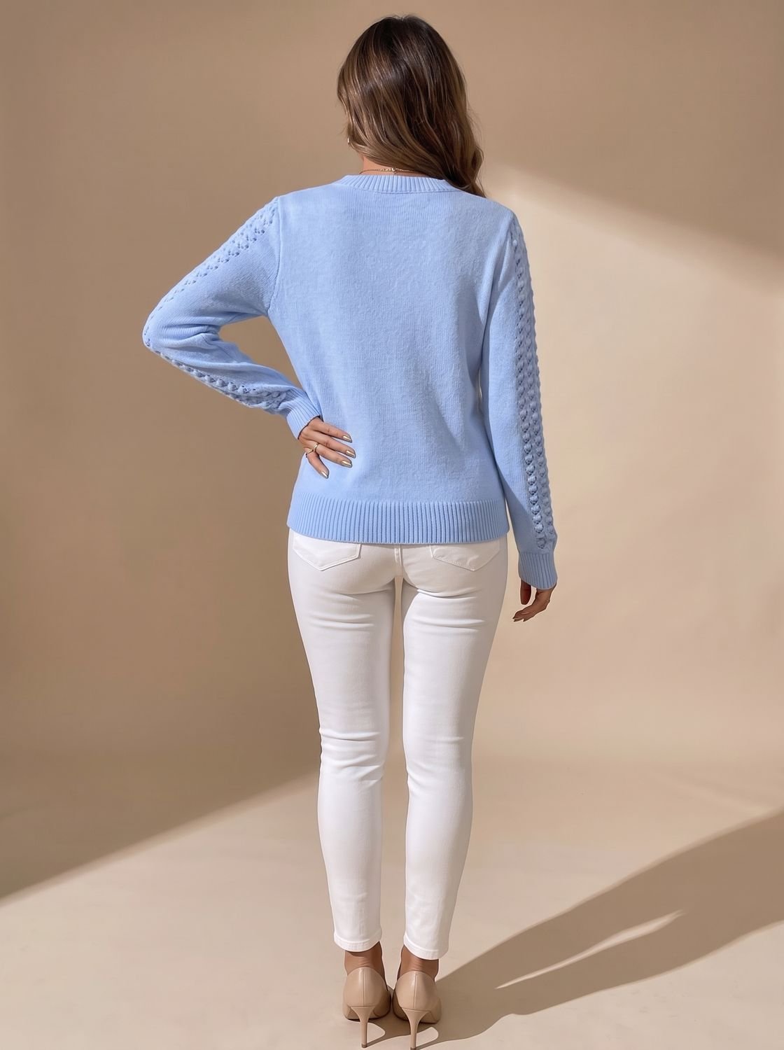 Charlotte | Women's Pointelle-Knit Cropped Long-Sleeve Crew Neck Sweater