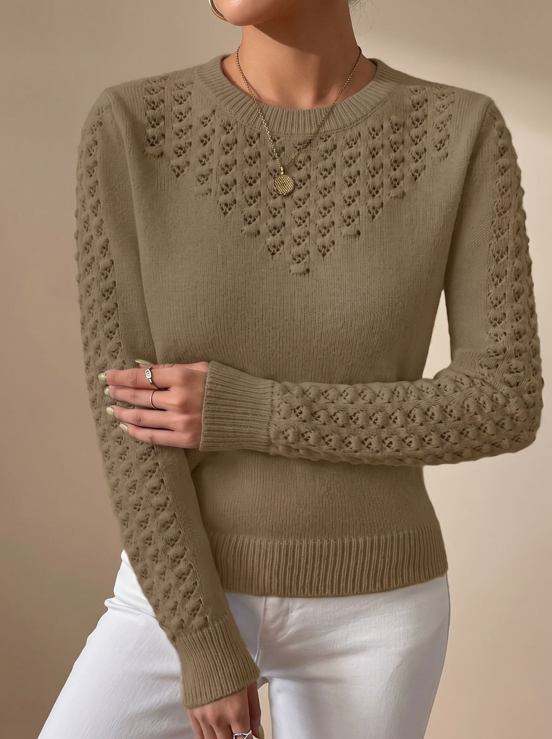 Charlotte | Women's Pointelle-Knit Cropped Long-Sleeve Crew Neck Sweater