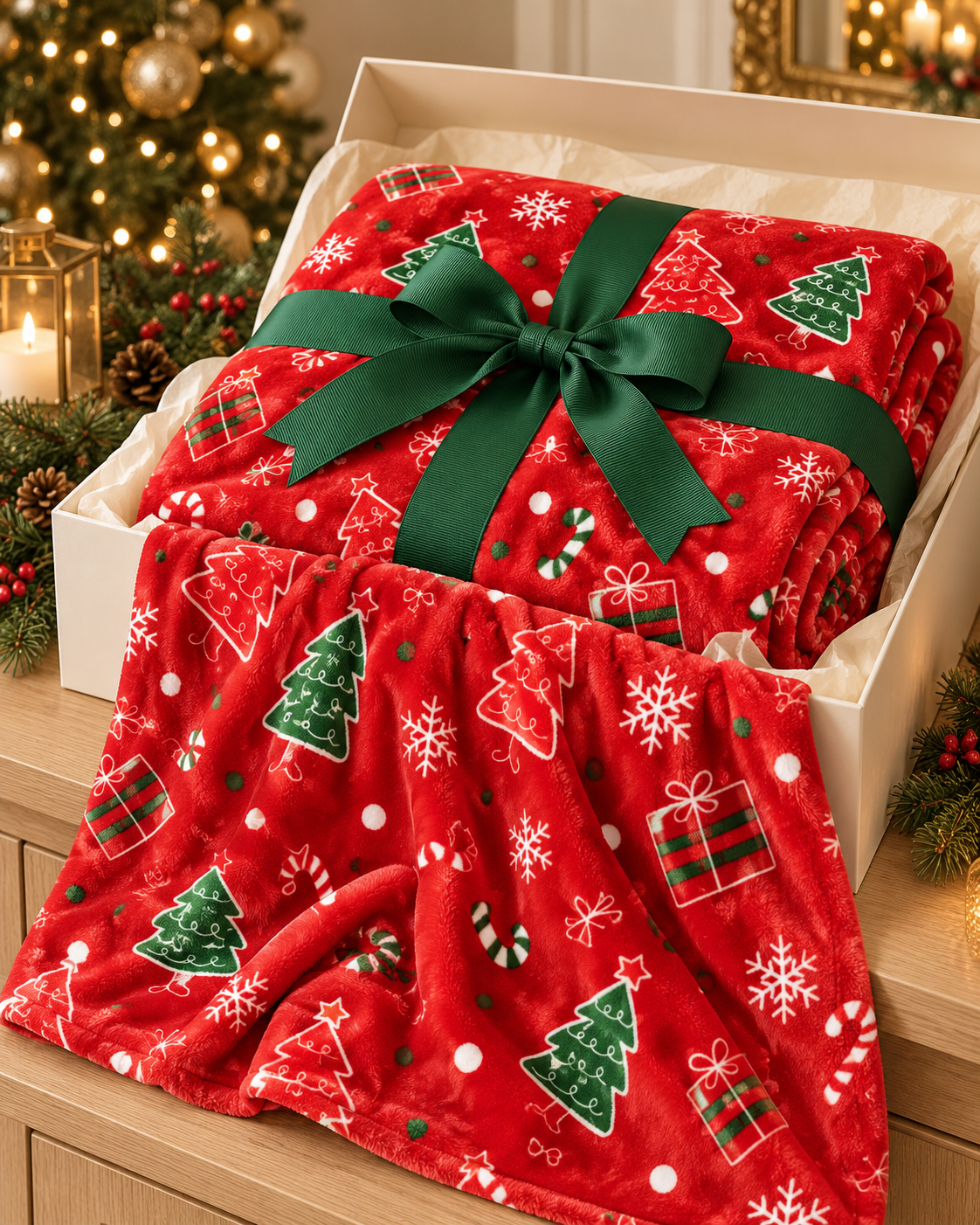 Christmas Fleece Blanket Gift for Adults with Festive Prints