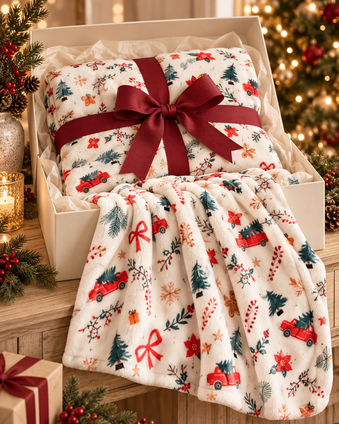 Christmas Fleece Blanket Gift for Adults with Festive Prints