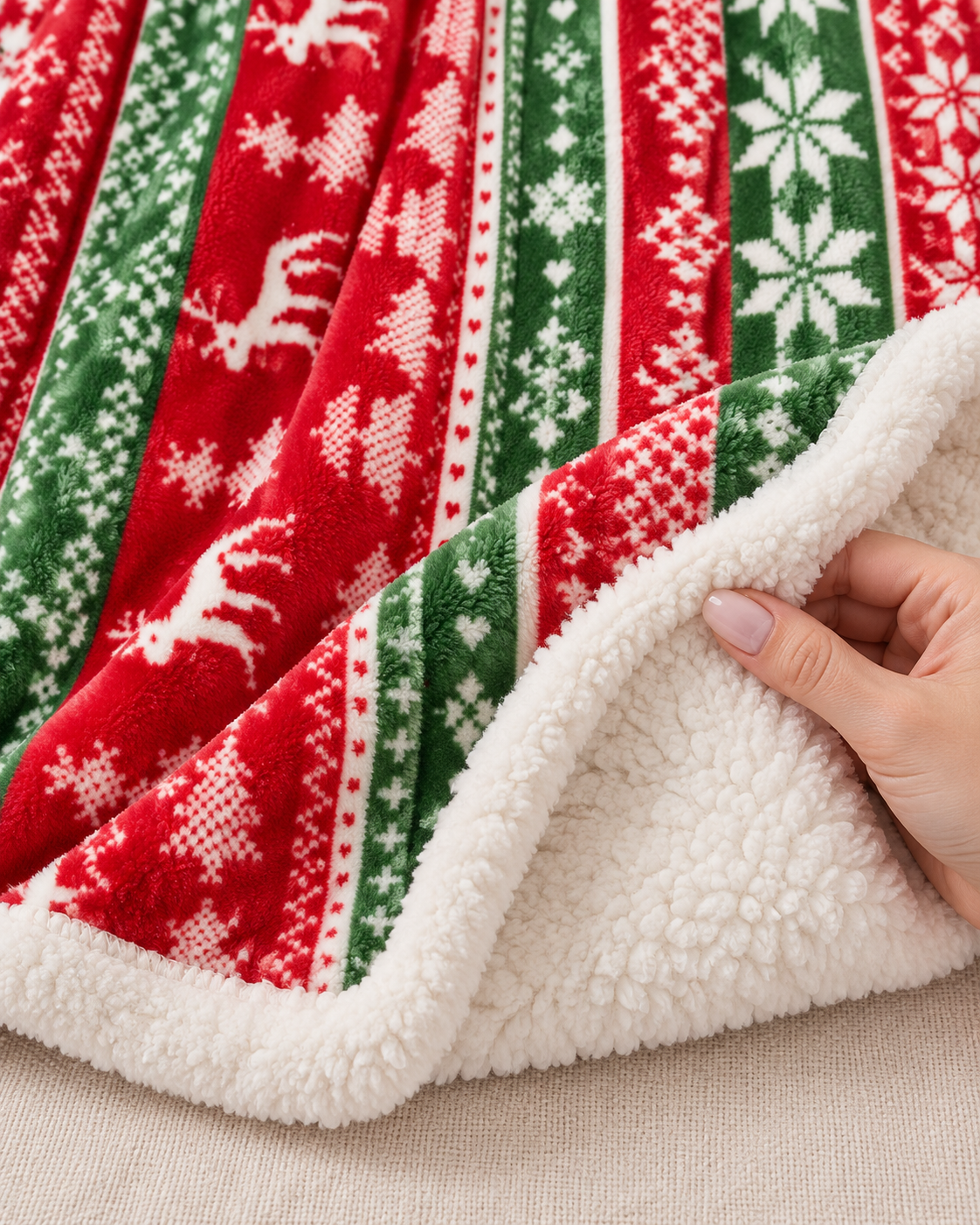 Christmas Fleece Blanket with Red and Green Knitted Stripe