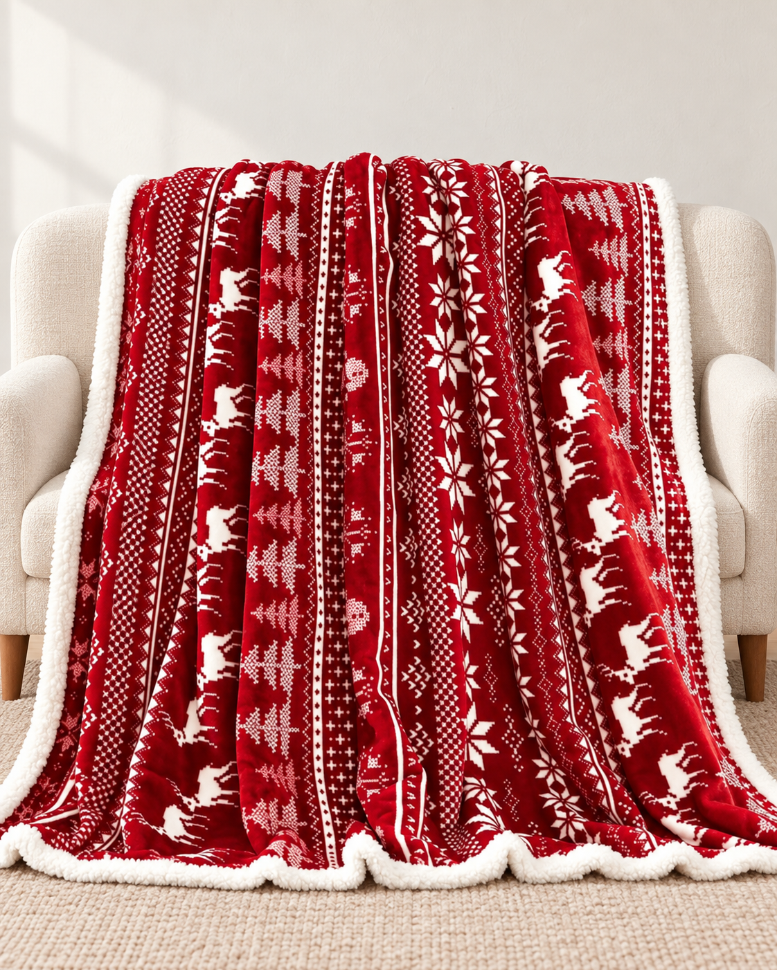 Christmas Fleece Blanket with Red and Green Knitted Stripe