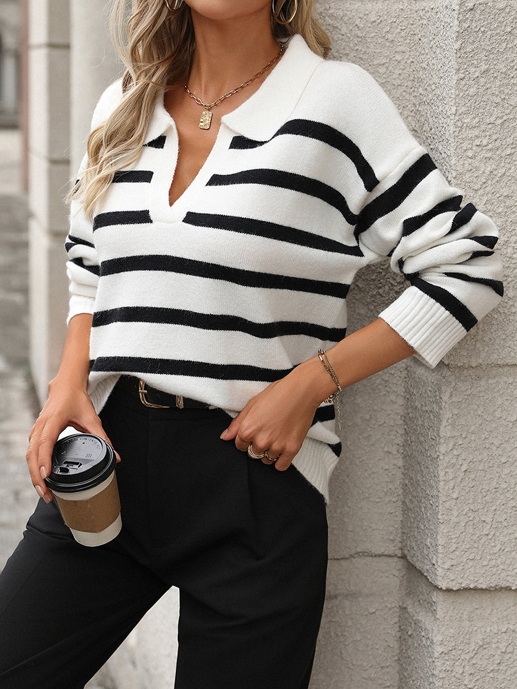 Coraline | Women's Striped V-Neck Collared Sweater