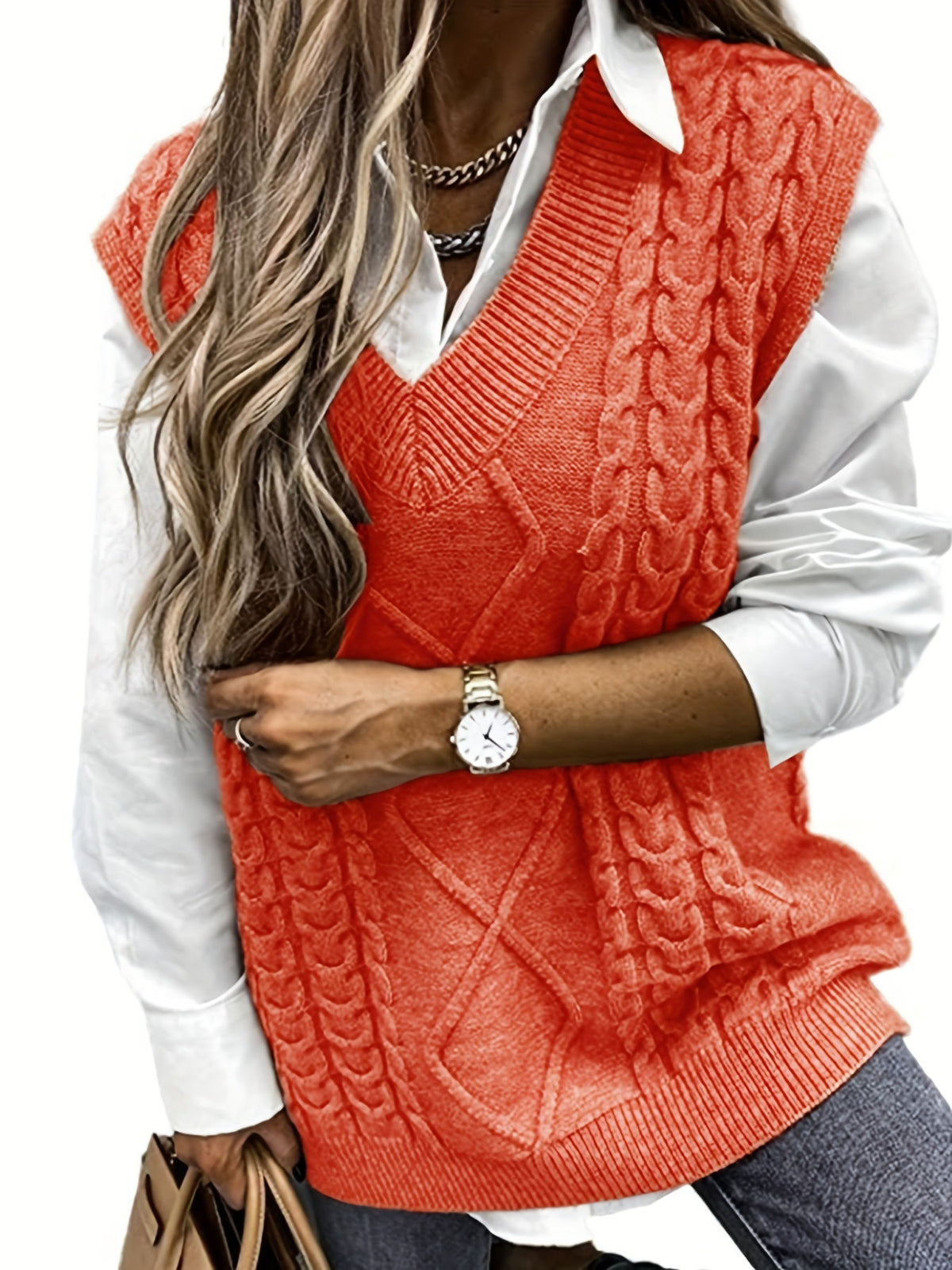 Cozy Cable Knit Sweater Vest for Women with V Neck and Oversized Fit