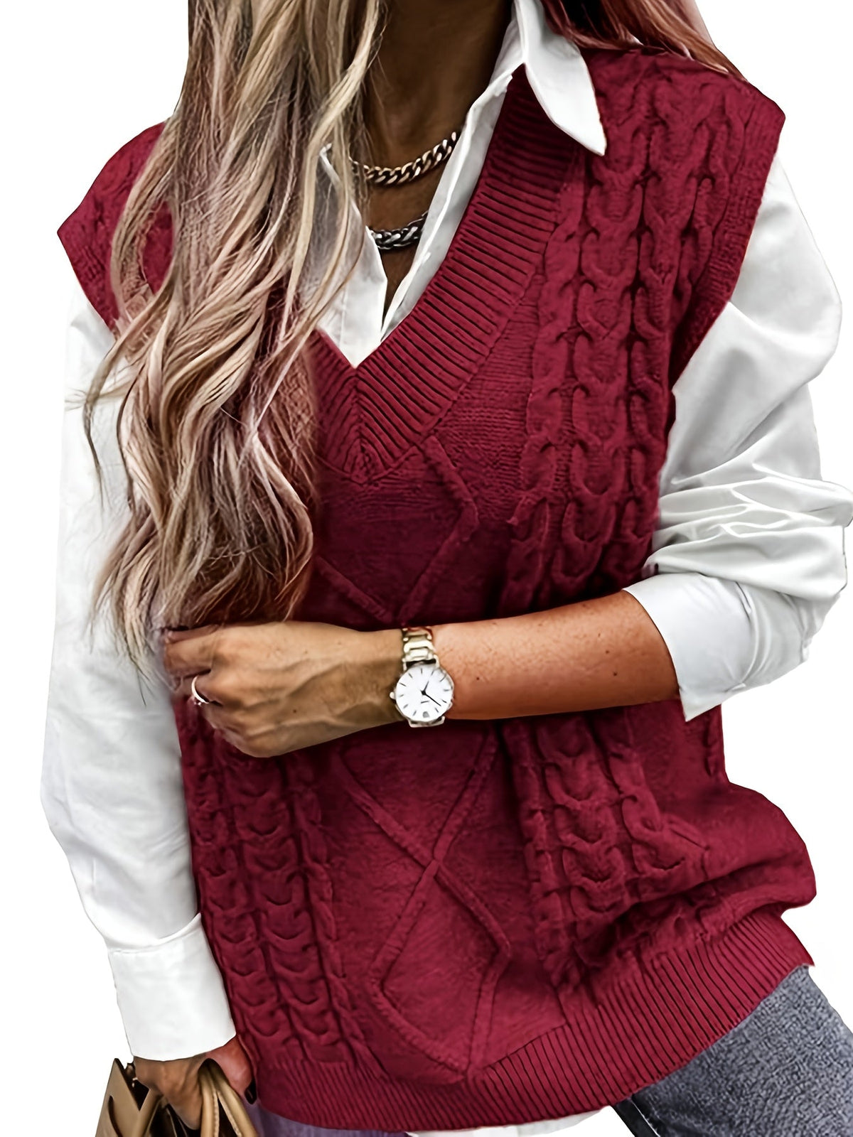 Cozy Cable Knit Sweater Vest for Women with V Neck and Oversized Fit