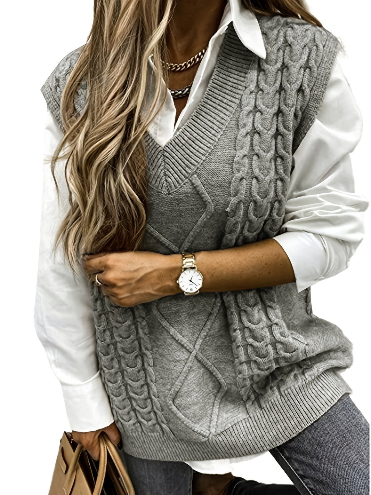 Cozy Cable Knit Sweater Vest for Women with V Neck and Oversized Fit