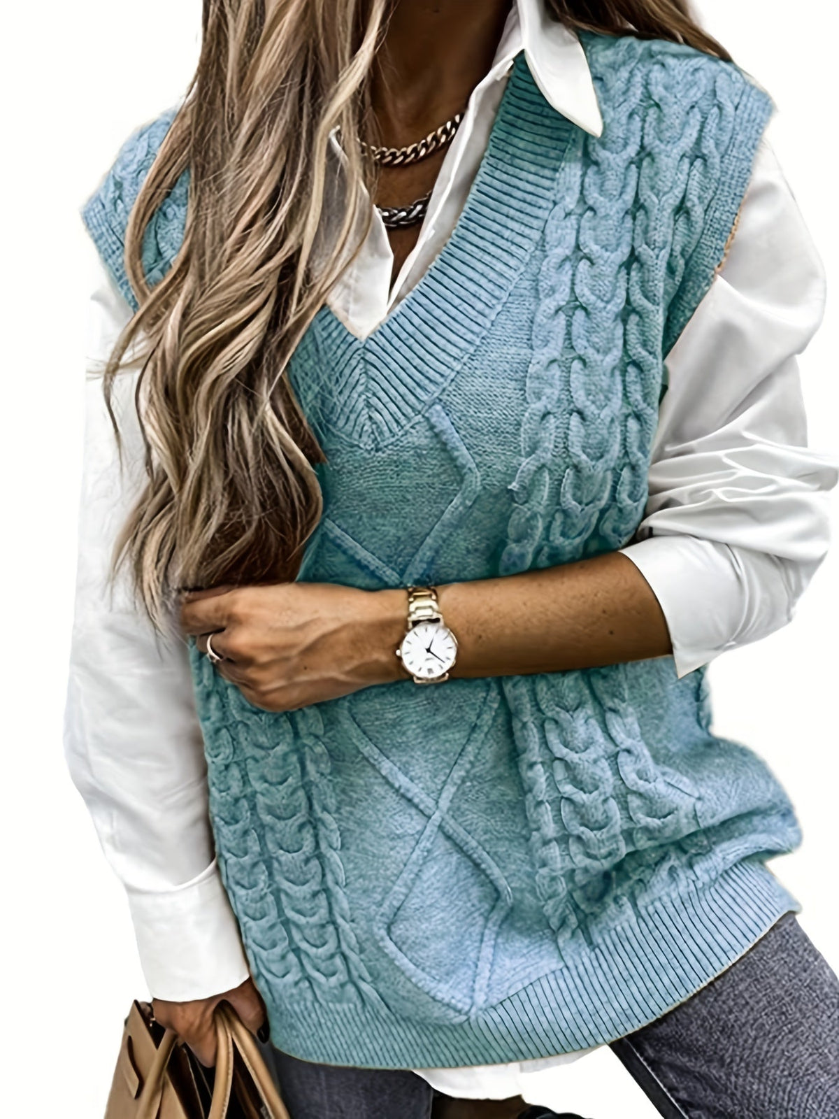 Cozy Cable Knit Sweater Vest for Women with V Neck Sleeveless Oversized Relaxed Style