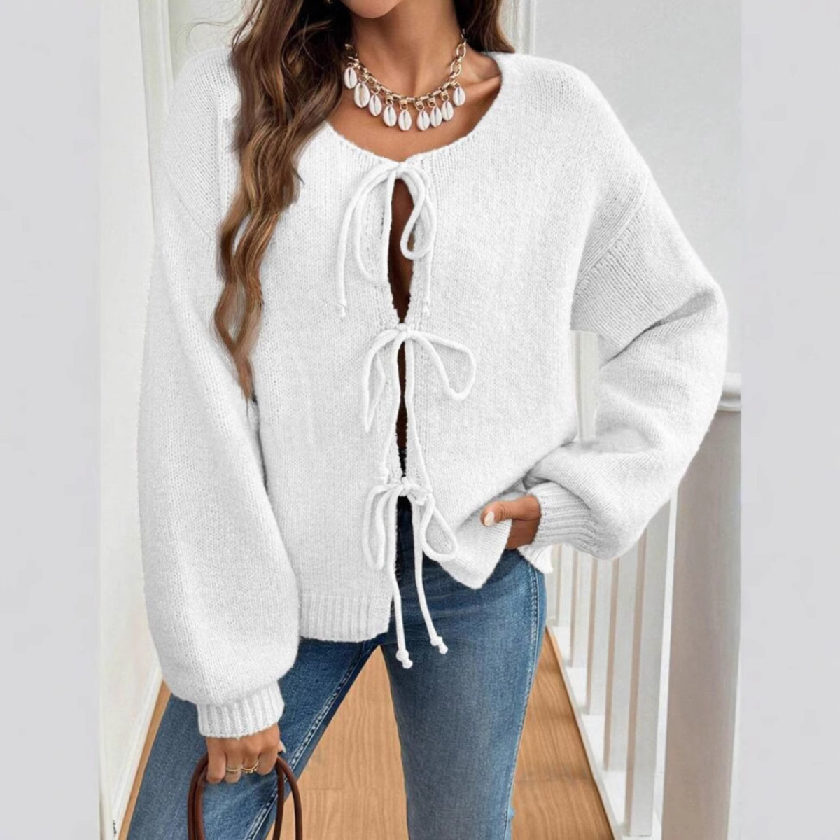 Cozy Knit Cardigan for Women with Round Neck, Long Sleeve Tie Front, Relaxed Style