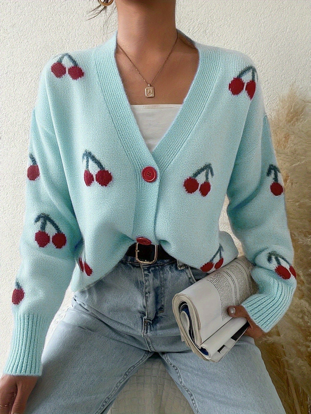 Cozy Knit Cardigan for Women with V Neck Long Sleeve Cherry Print Button Front Style