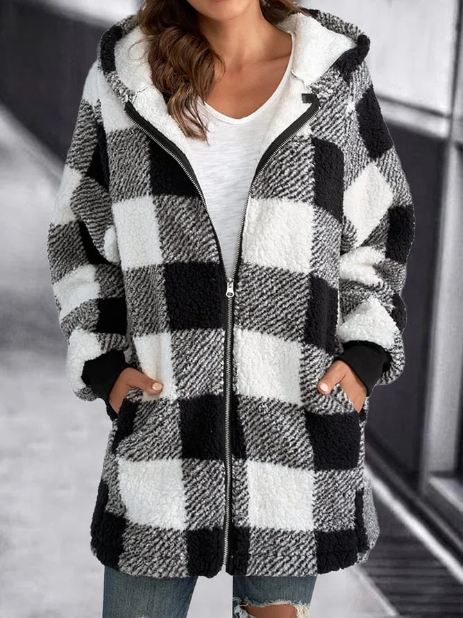 Cozy Sherpa Cardigan for Women with Hooded Neck Long Sleeve Zip Up Plaid Fleece Style