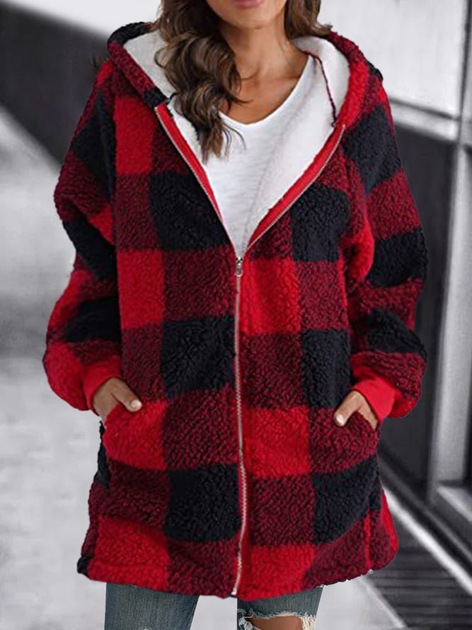 Cozy Sherpa Cardigan for Women with Hooded Neck Long Sleeve Zip Up Plaid Fleece Style