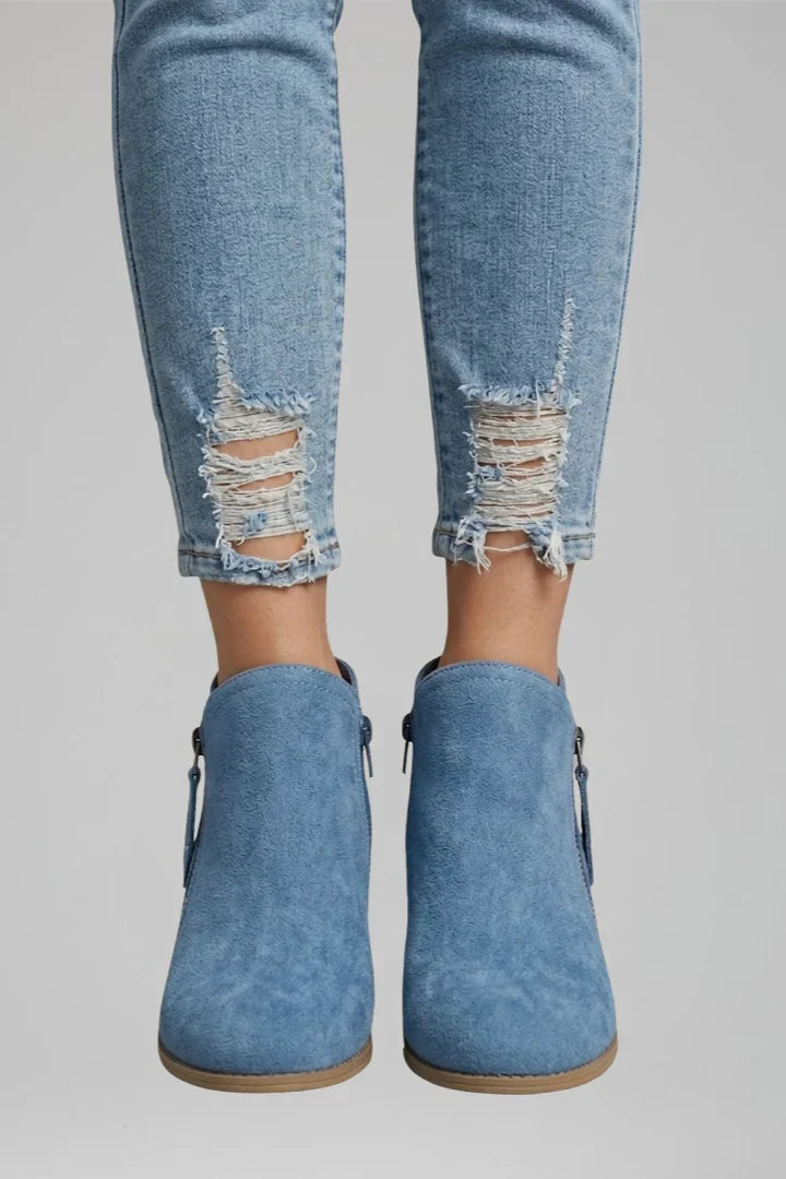 Effortless Booties for Women with Round Toe Side Zip Block Heel Suede Ankle Style
