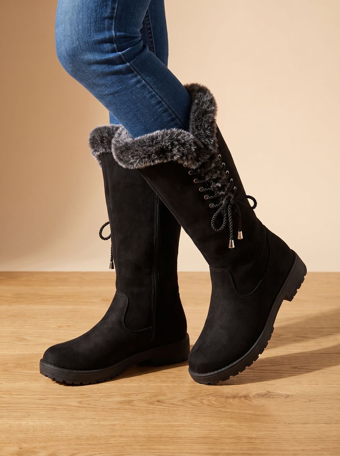 Eleanor | Women's Faux-Fur Trimmed Knee-High Block Heel Snow Boots