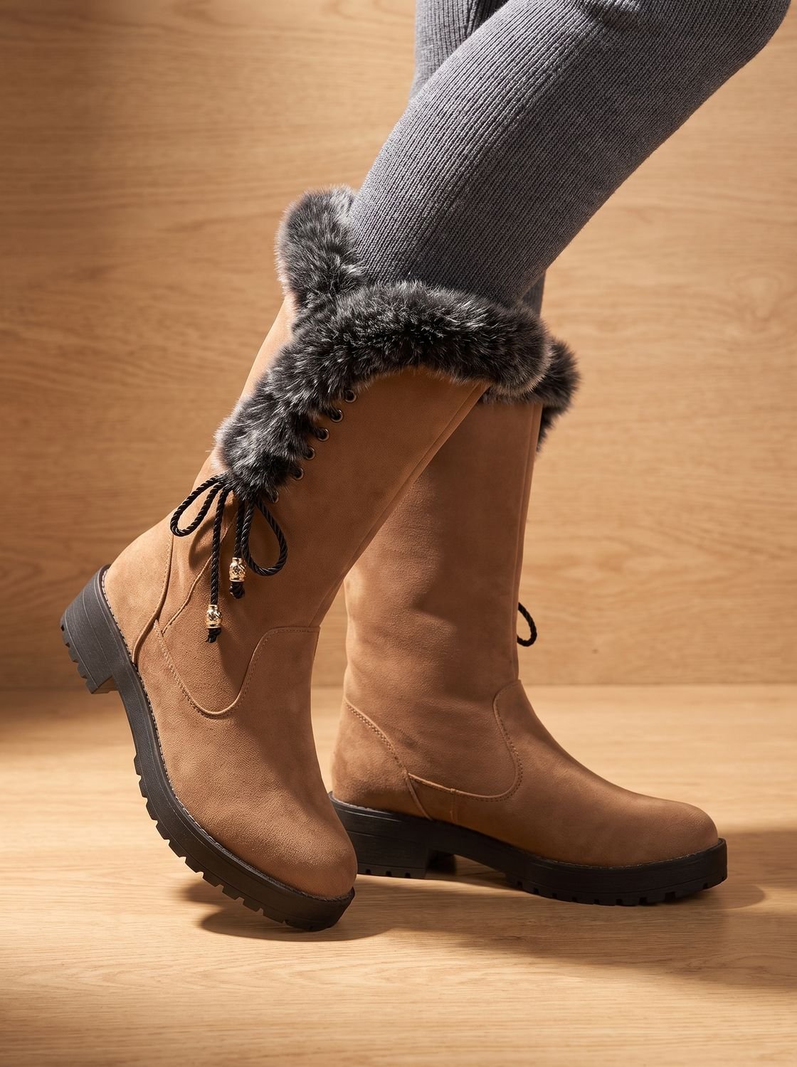Eleanor | Women's Faux-Fur Trimmed Knee-High Block Heel Snow Boots