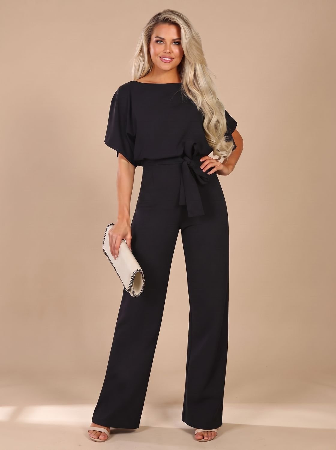 Eleanor | Women's Tie-Belt Wide-Leg Short-Sleeve Jumpsuit