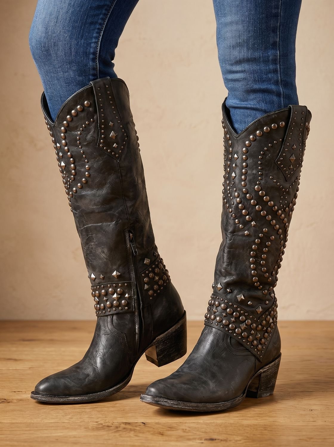 Emma | Women's Studded Knee-High Orthopedic Cowboy Boots Pointed Toe