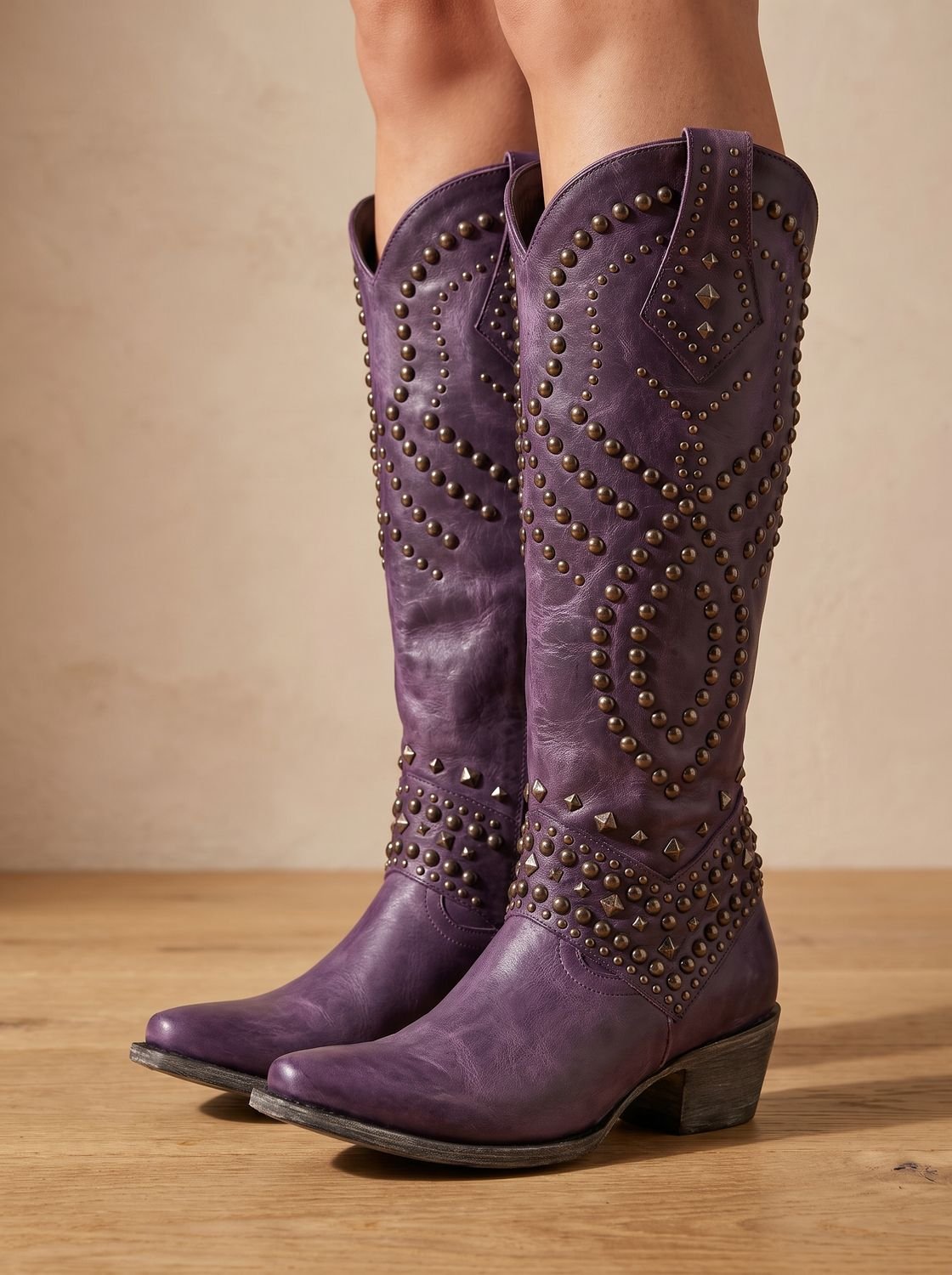 Emma | Women's Studded Knee-High Orthopedic Cowboy Boots Pointed Toe
