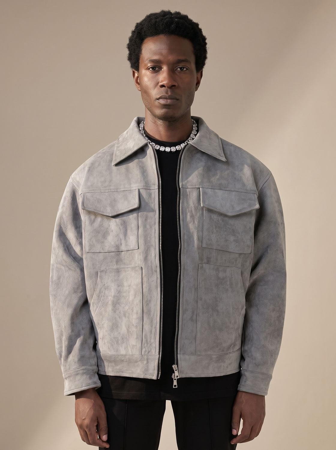 Ethan | Men's Suede Full-Zip Trucker Jacket Shirt Collar