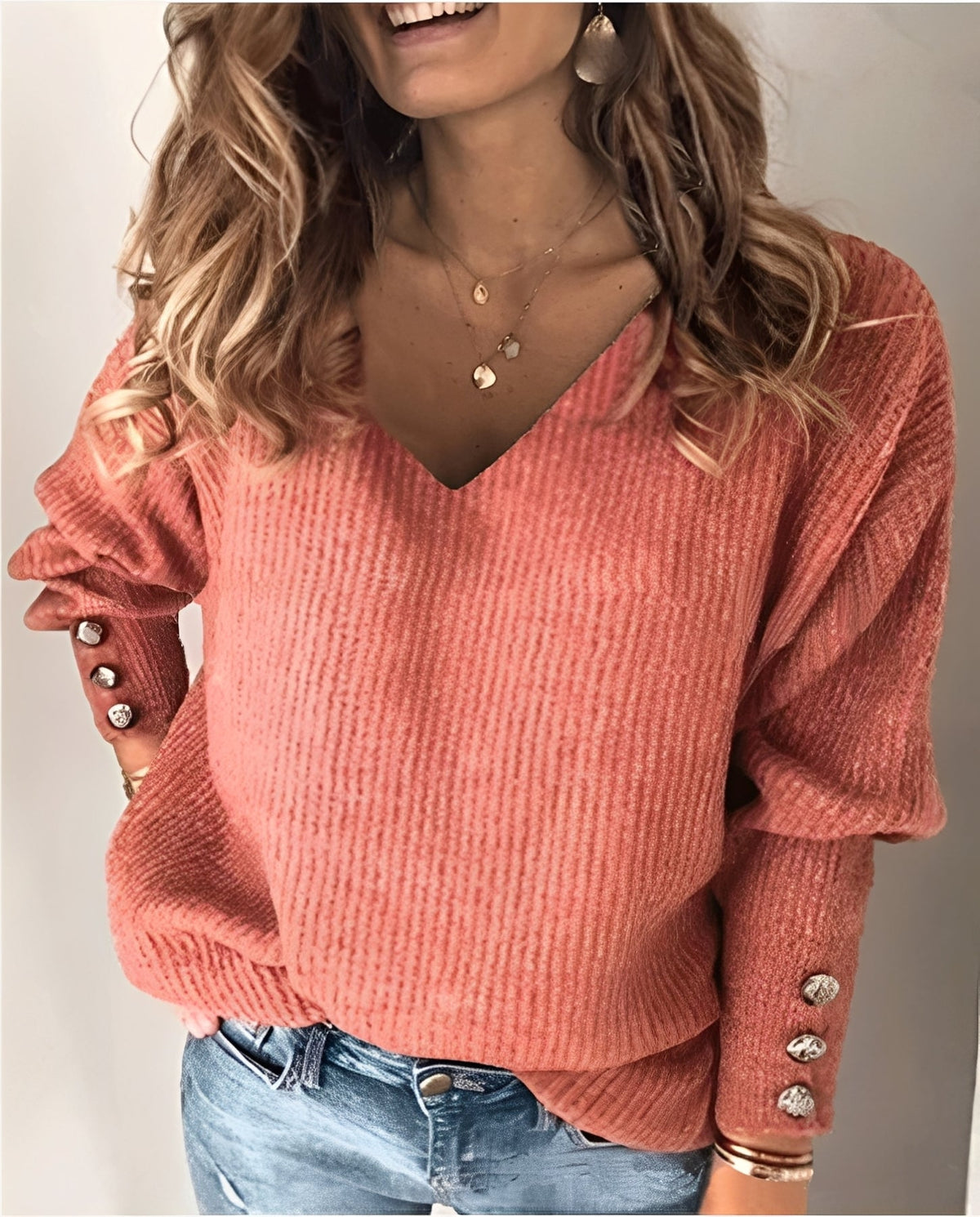 Fiona | Women's V-Neck Button Sleeve Knit Sweater