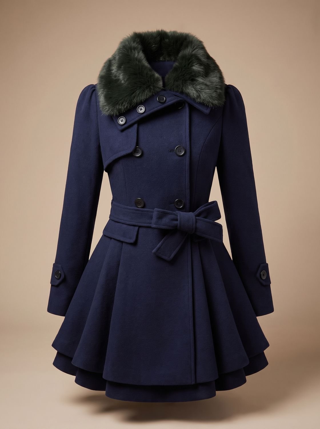 Grace | Women's Double-Breasted Faux Fur Collar Belted Wool-Blend Coat