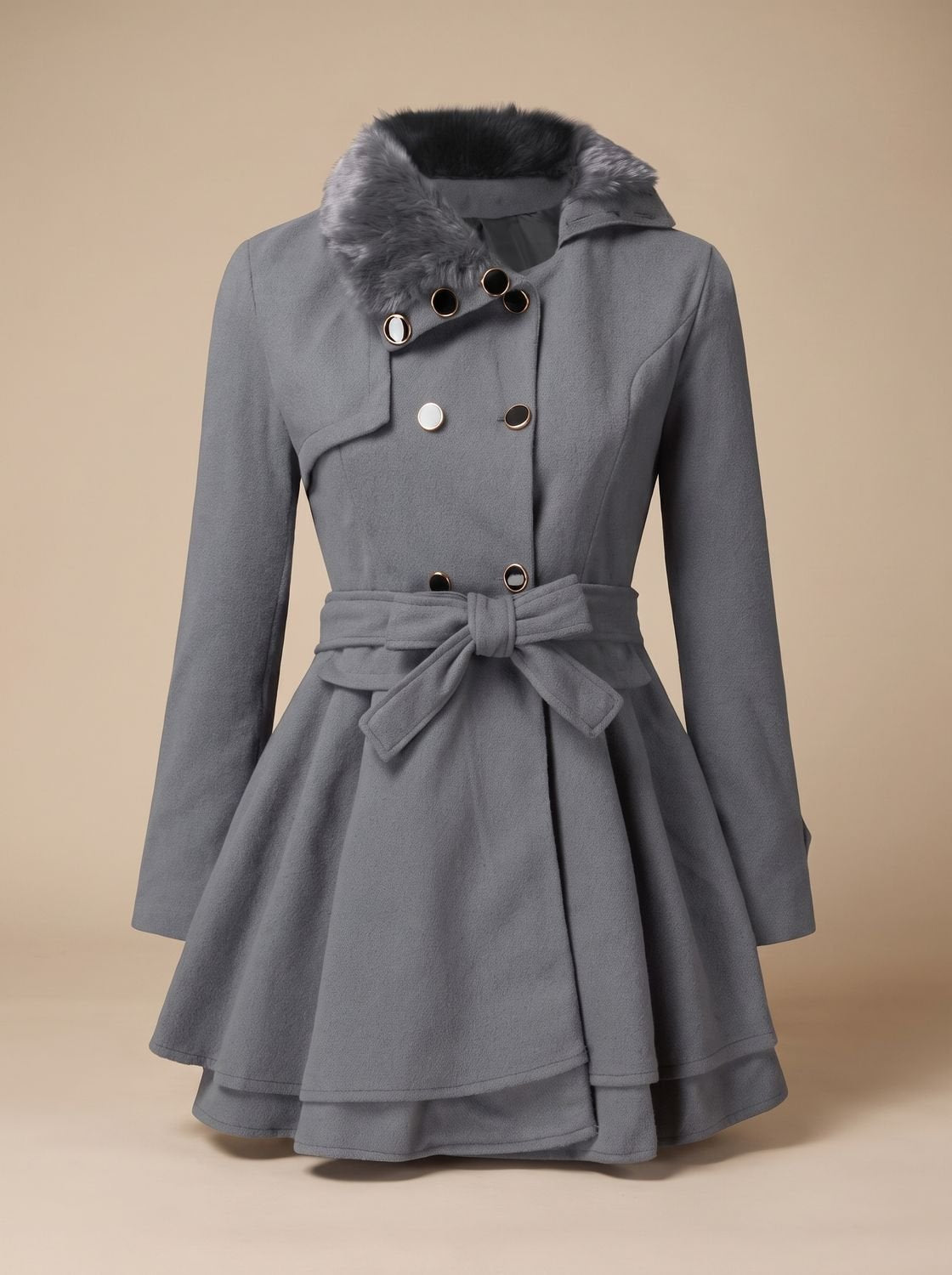Grace | Women's Double-Breasted Faux Fur Collar Belted Wool-Blend Coat
