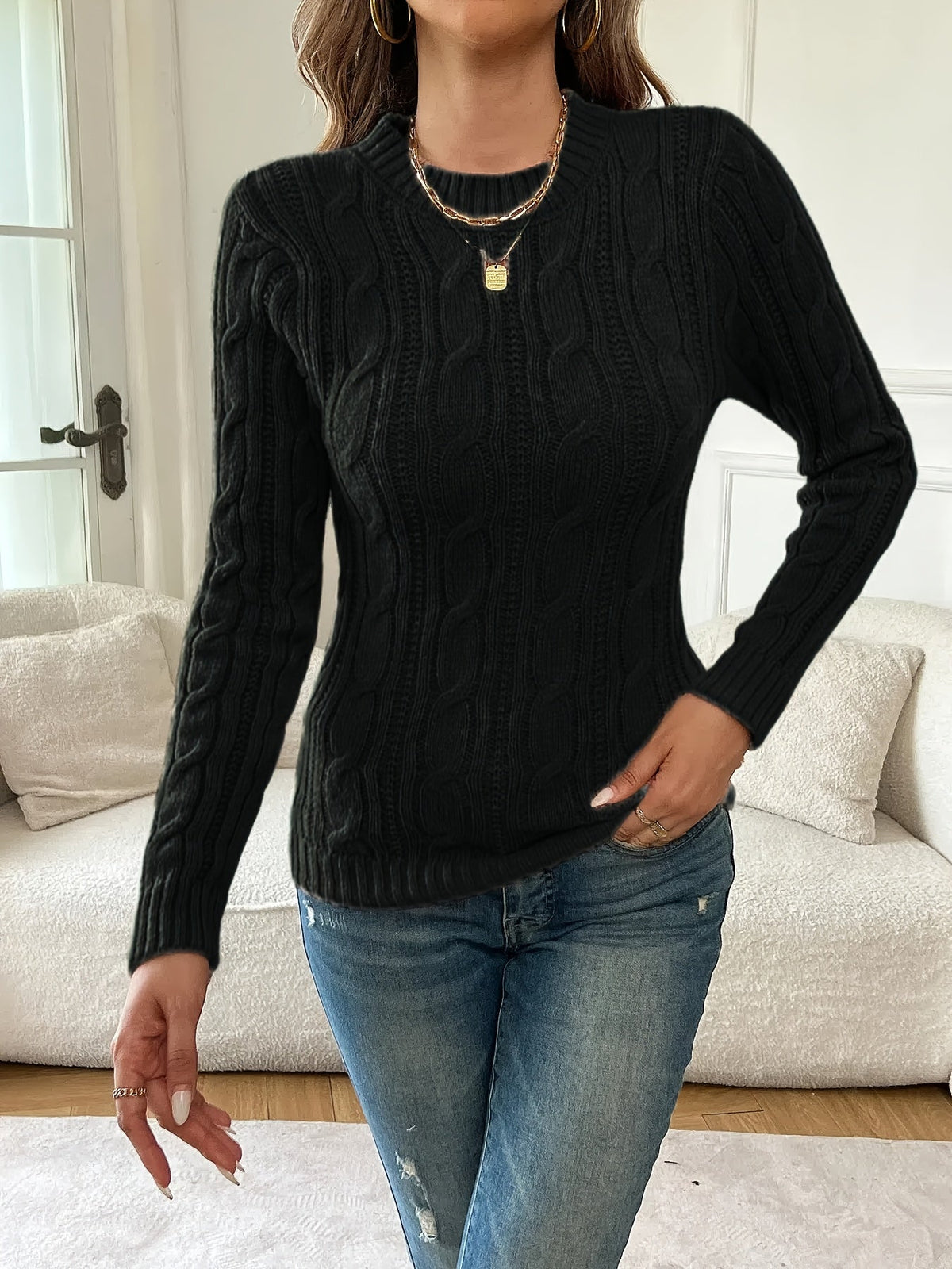 Ines | Women's Fitted Cable Knit Crew Neck Sweater