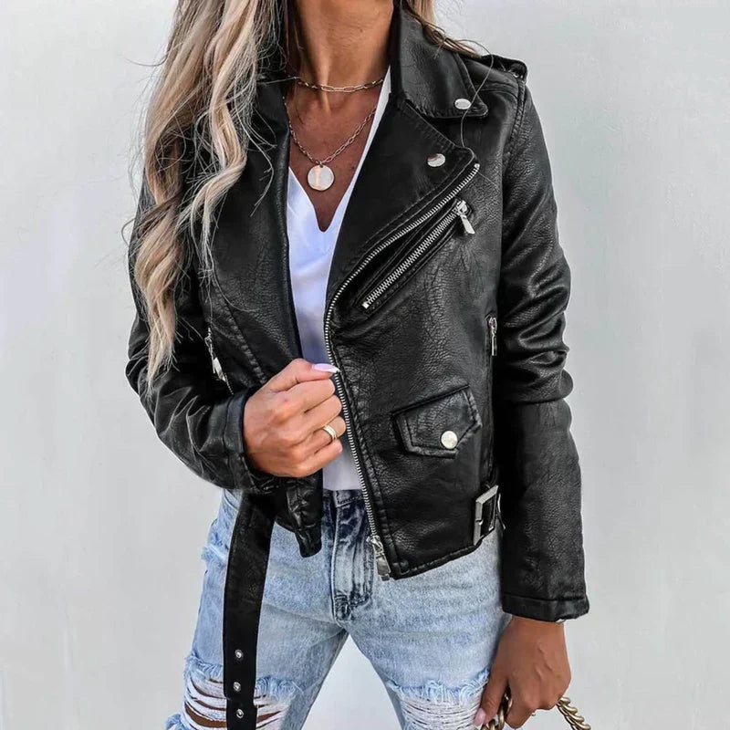 Larkin | Women's Belted Stand Collar Faux Leather Jacket