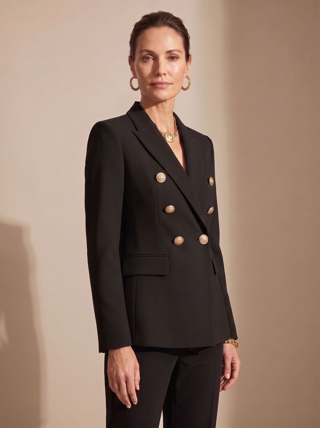 Layla | Women's Tailored Double-Breasted Gold-Button Blazer, Navy Blue