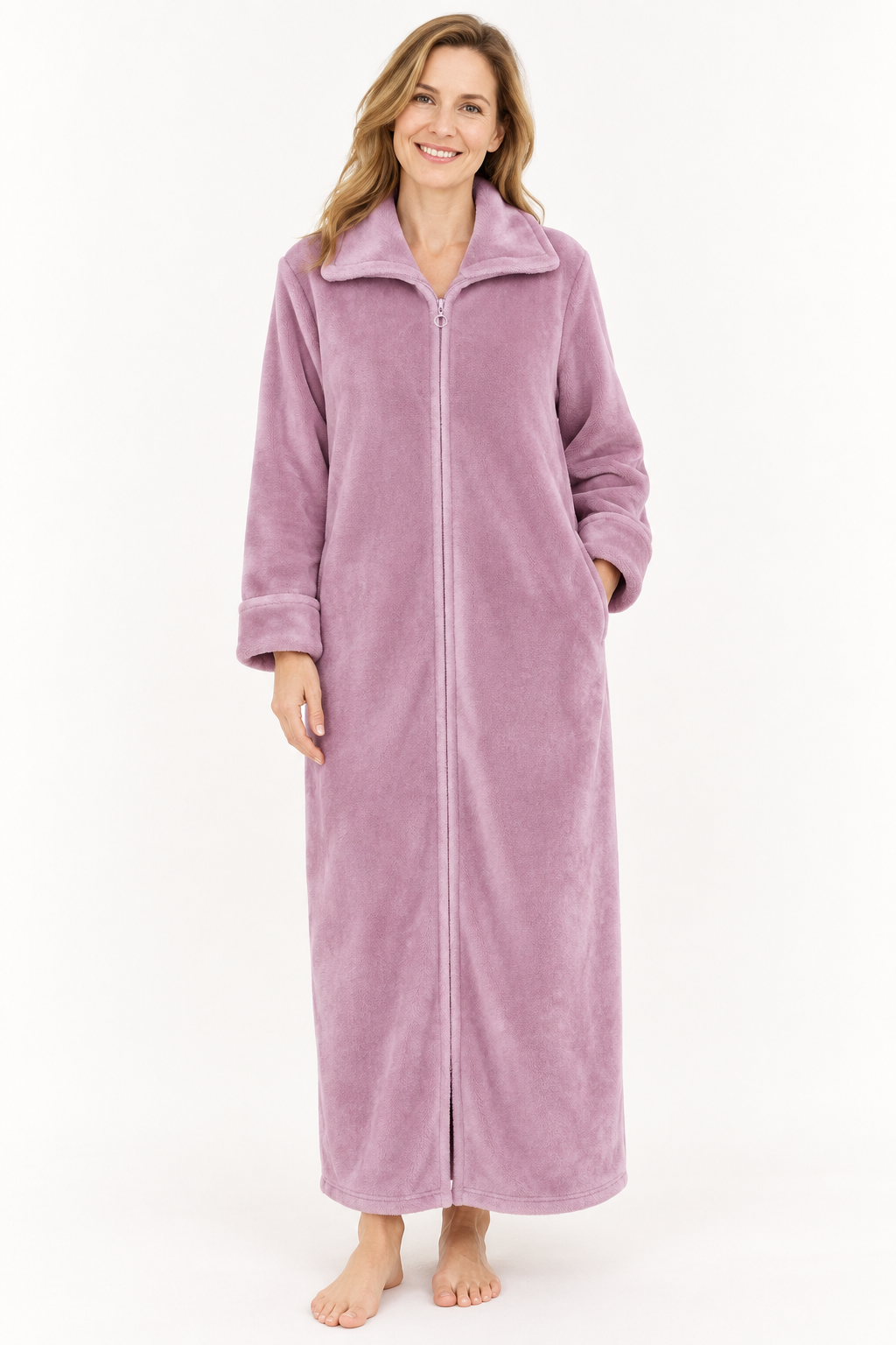 Long Zip-Front Flannel Fleece Robe for Women, Warm Housecoat