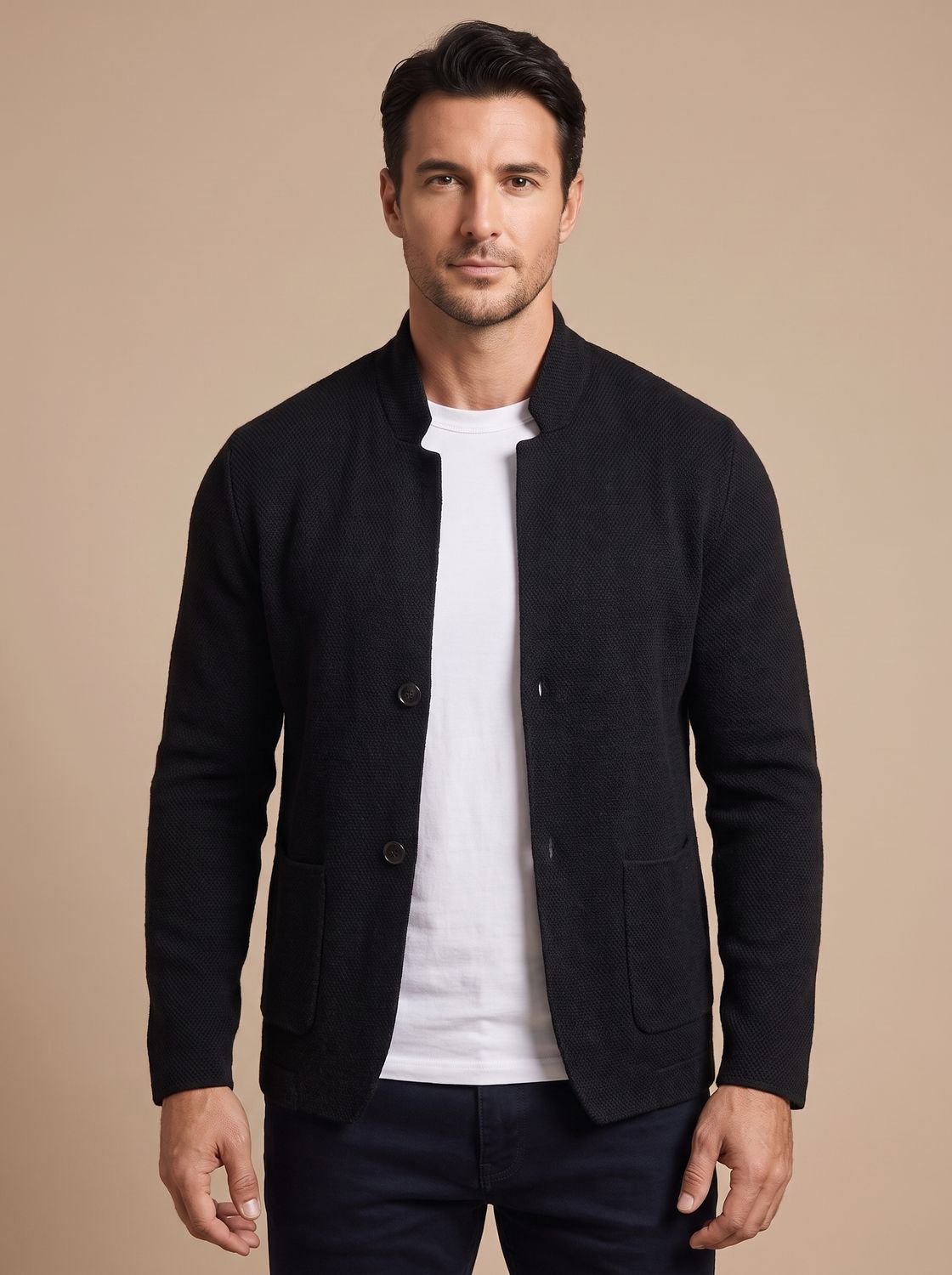Lucas | Men's Textured Knit Button-Front Stand-Collar Cardigan