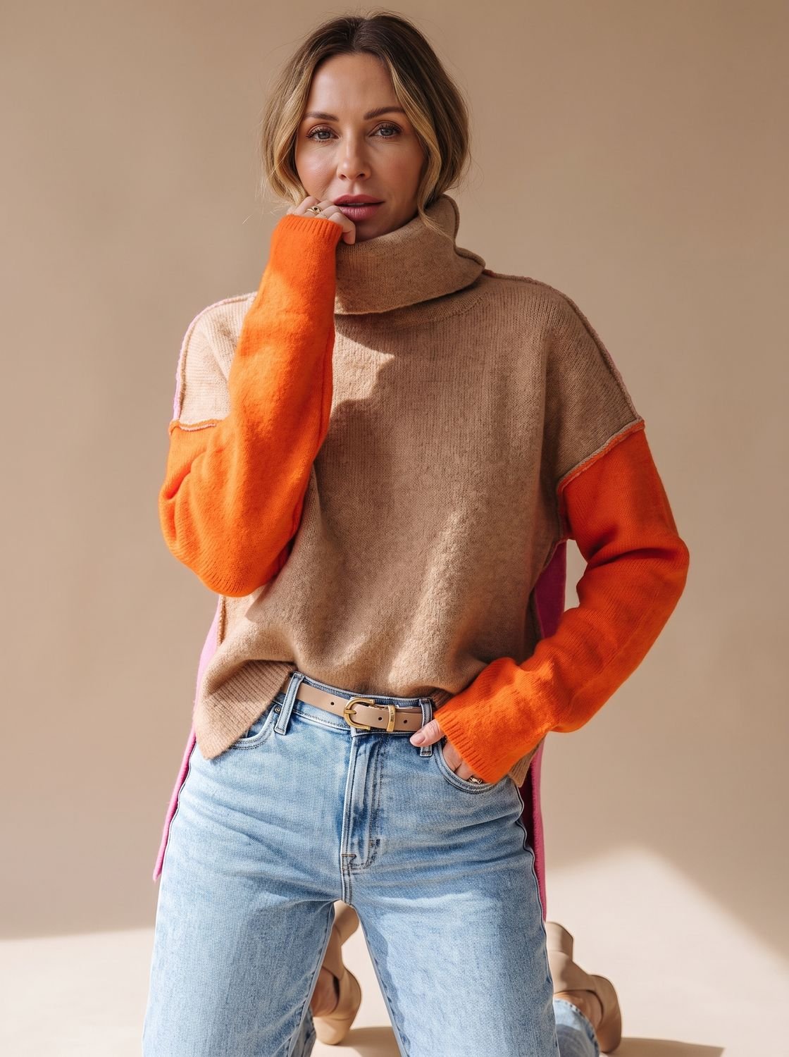 Luna | Women's Color Block Turtleneck Relaxed-Fit Pullover Sweater
