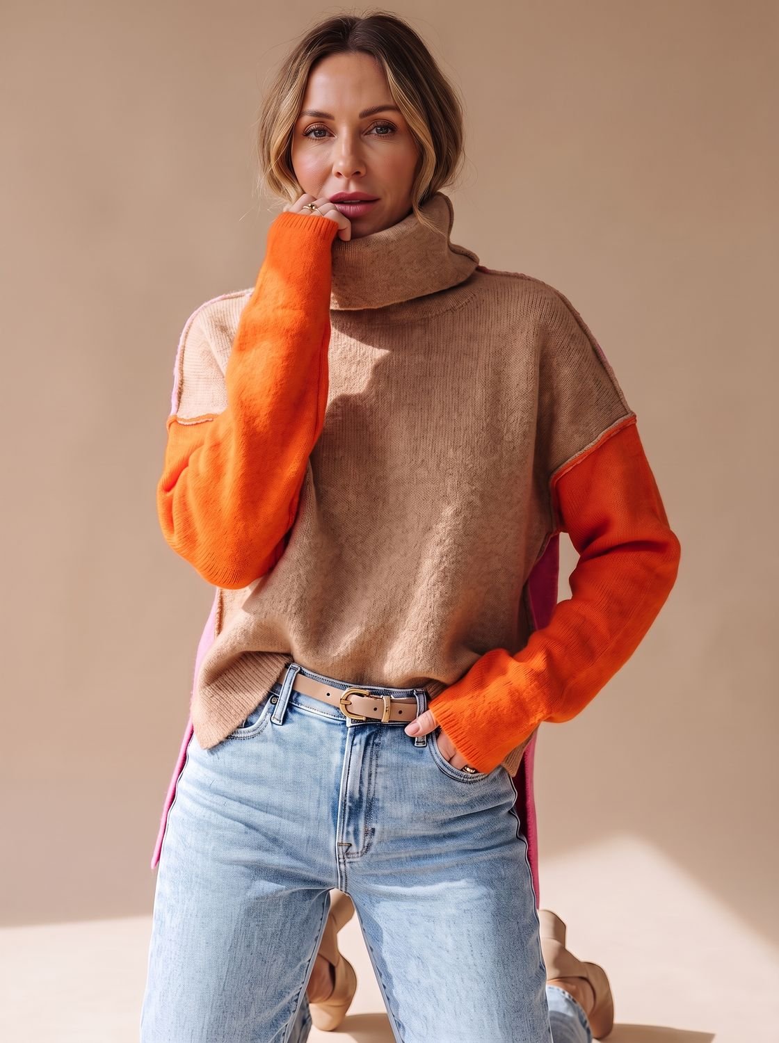 Luna | Women's Color Block Turtleneck Relaxed-Fit Pullover Sweater