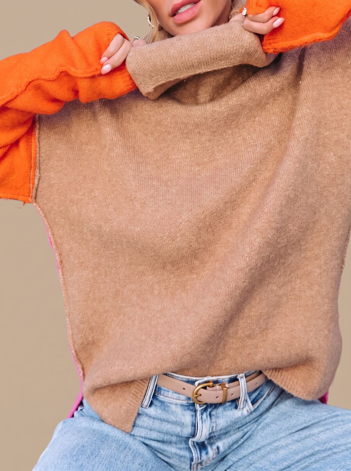 Luna | Women's Color Block Turtleneck Relaxed-Fit Pullover Sweater