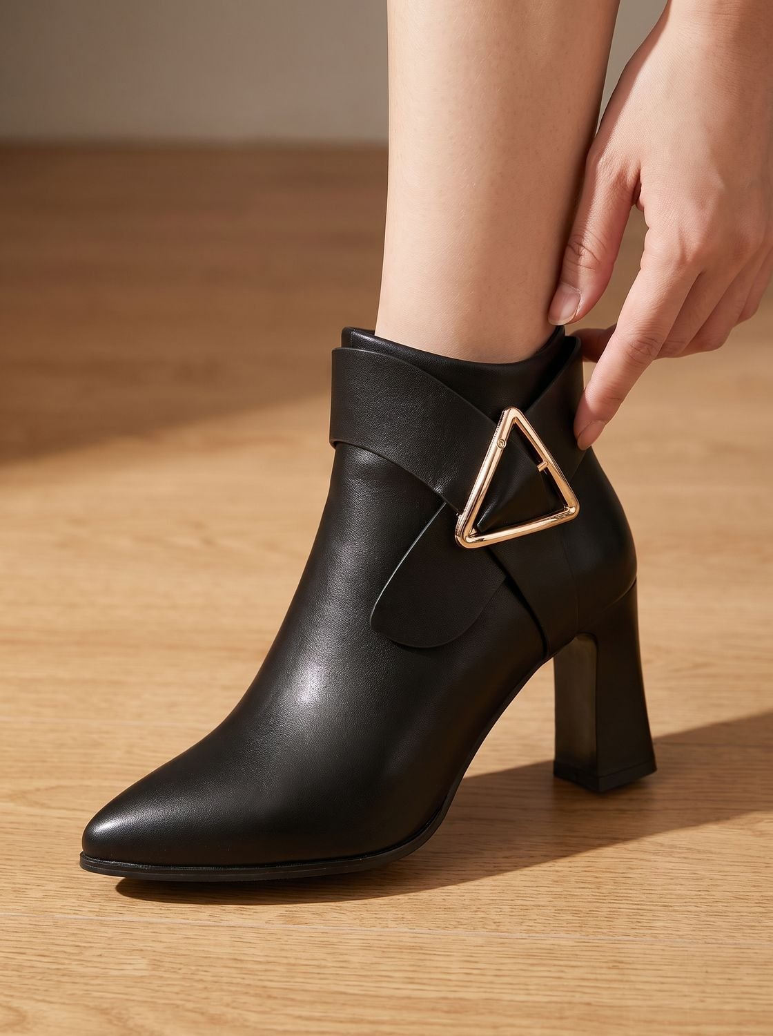 Madison | Women's Pointed-Toe Block Heel Ankle Boots Triangle Buckle