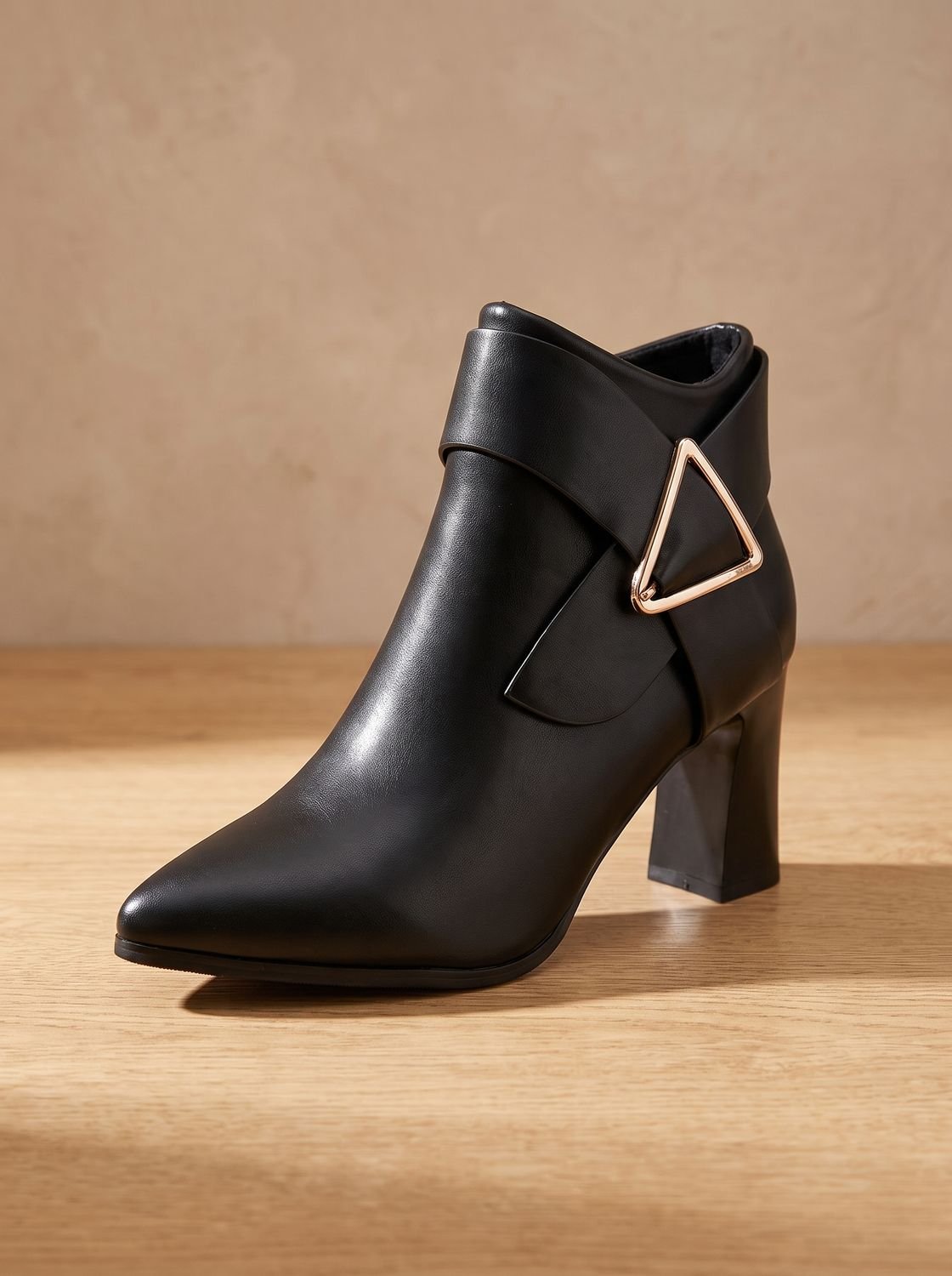 Madison | Women's Pointed-Toe Block Heel Ankle Boots Triangle Buckle