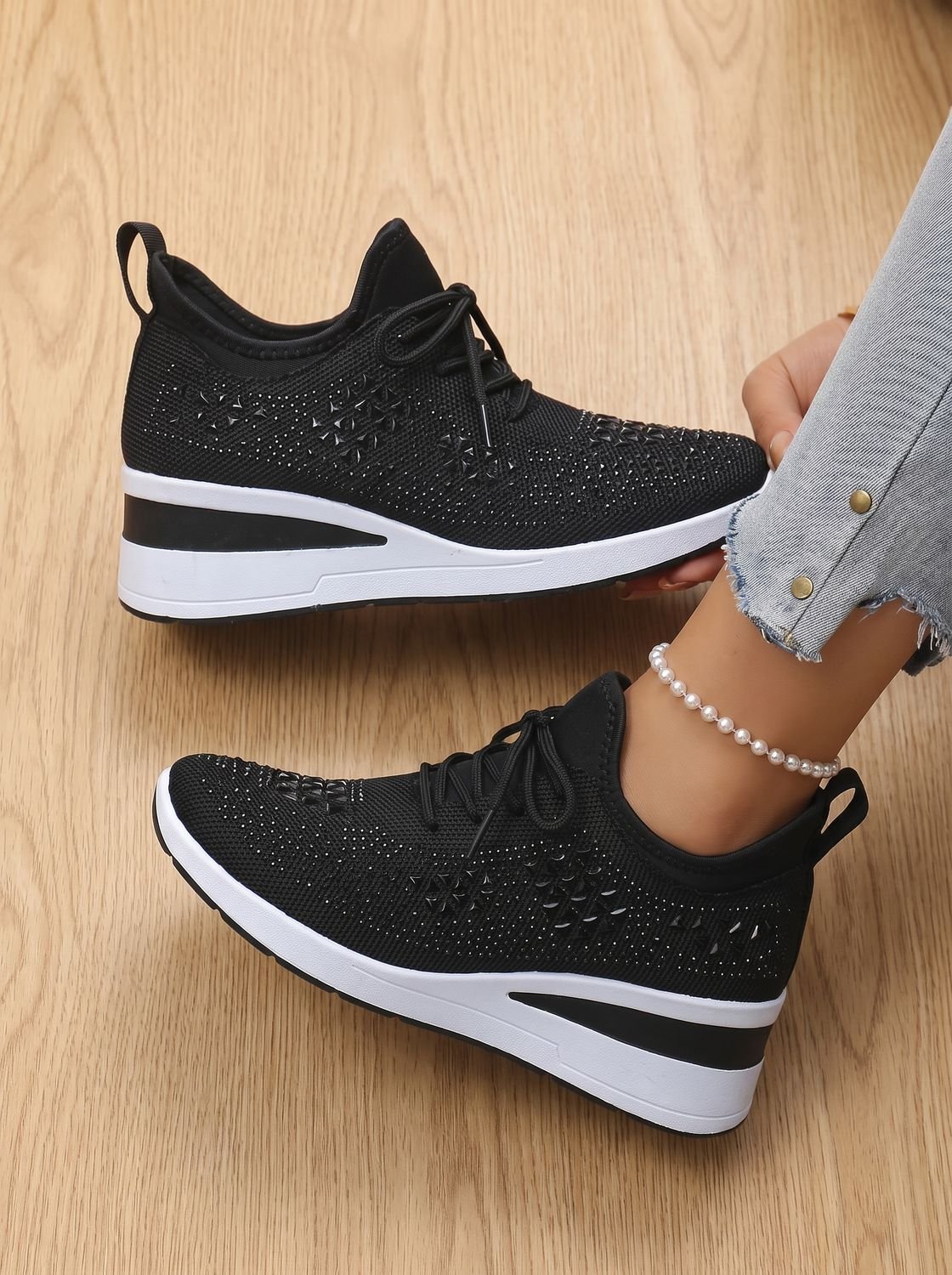 Madison | Women's Rhinestone Knit Wedge Lace-Up Orthopedic Sneakers