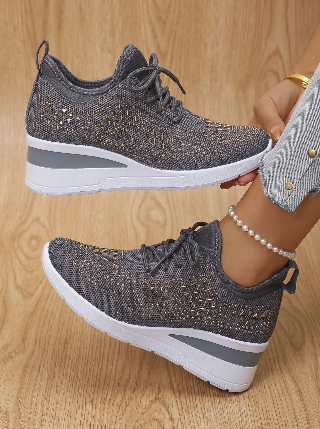 Madison | Women's Rhinestone Knit Wedge Lace-Up Orthopedic Sneakers
