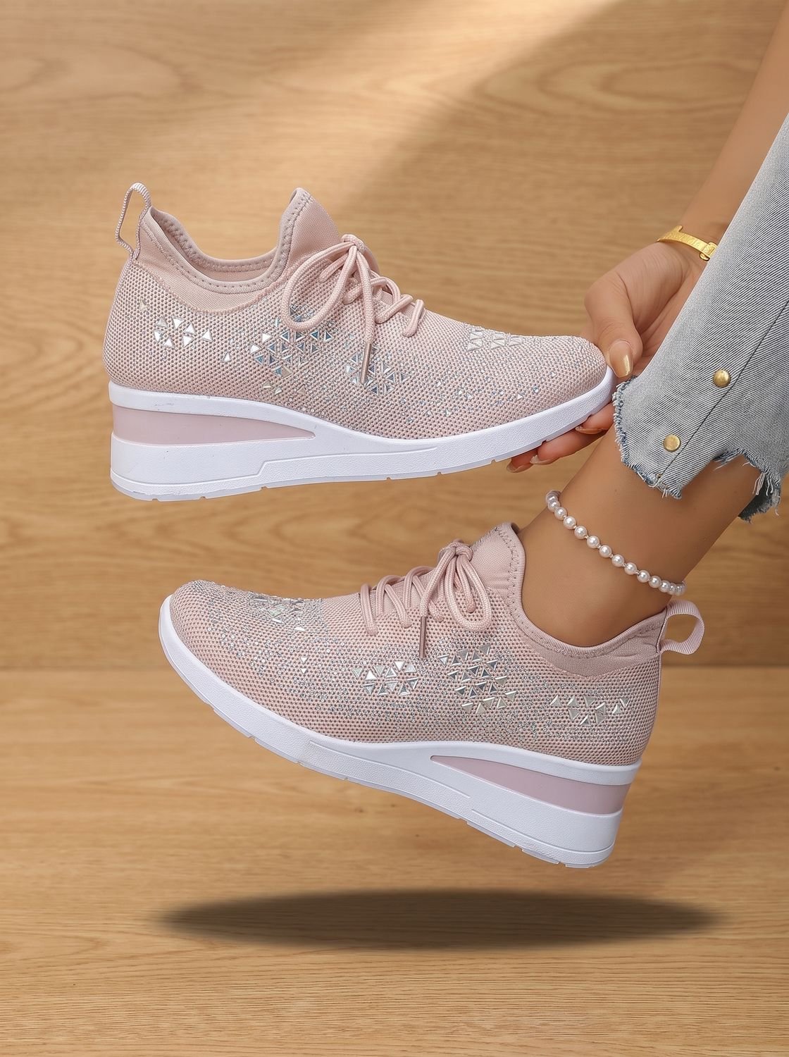 Madison | Women's Rhinestone Knit Wedge Lace-Up Orthopedic Sneakers