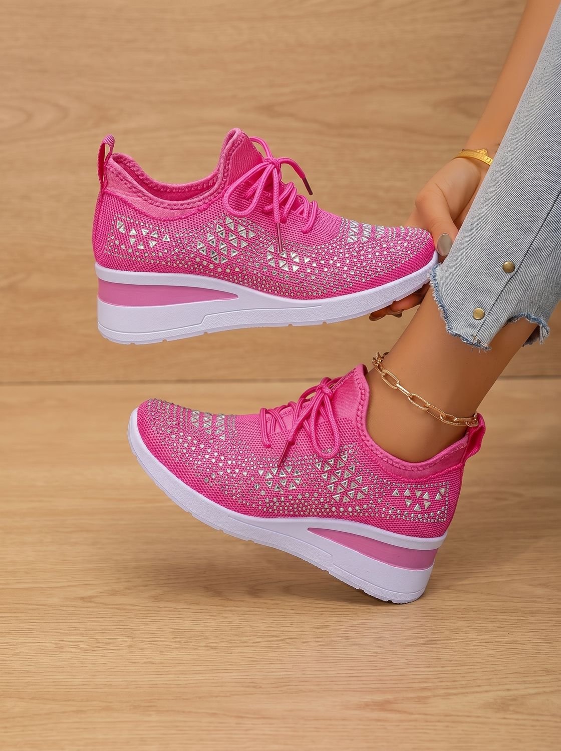 Madison | Women's Rhinestone Knit Wedge Lace-Up Orthopedic Sneakers